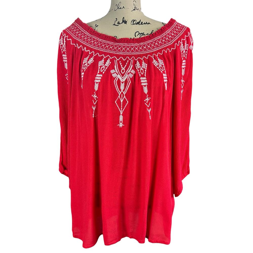 Terre Bleue Top Women Sze L Red Gauzy Embroidered Tribal 3/4 Sleeves Boho Blouse